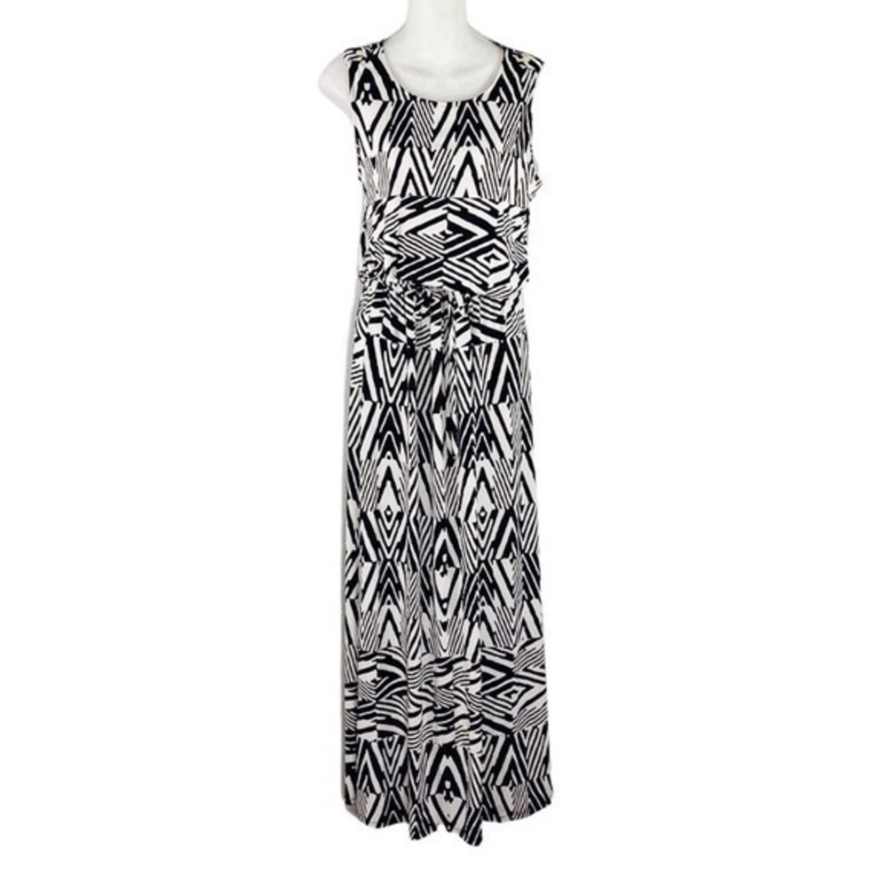 Calvin Klein black white printed blouson drawstring maxi dress M X30